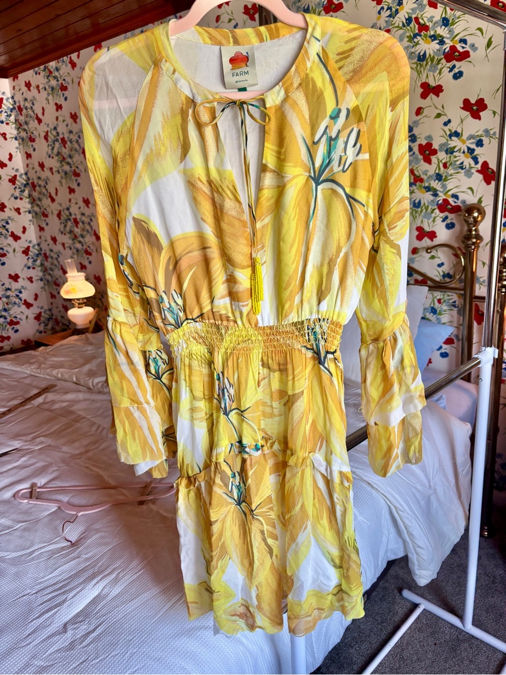 farm rio yellow tropical floral mini dress size small boho resortwear euc